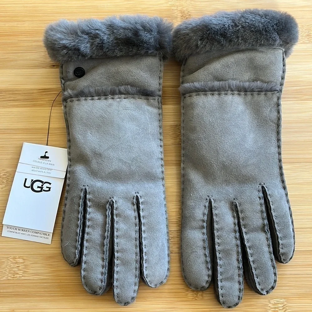 Brand New UGG Sheepskin Handsewn Seamed Gloves Gray Touchscreen Leather Trim